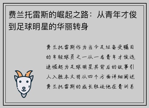 费兰托雷斯的崛起之路：从青年才俊到足球明星的华丽转身